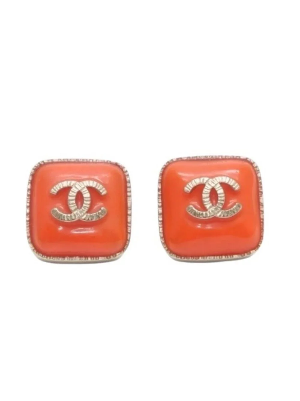 Chanel Earrings CC Logo Square Button Orange Gold